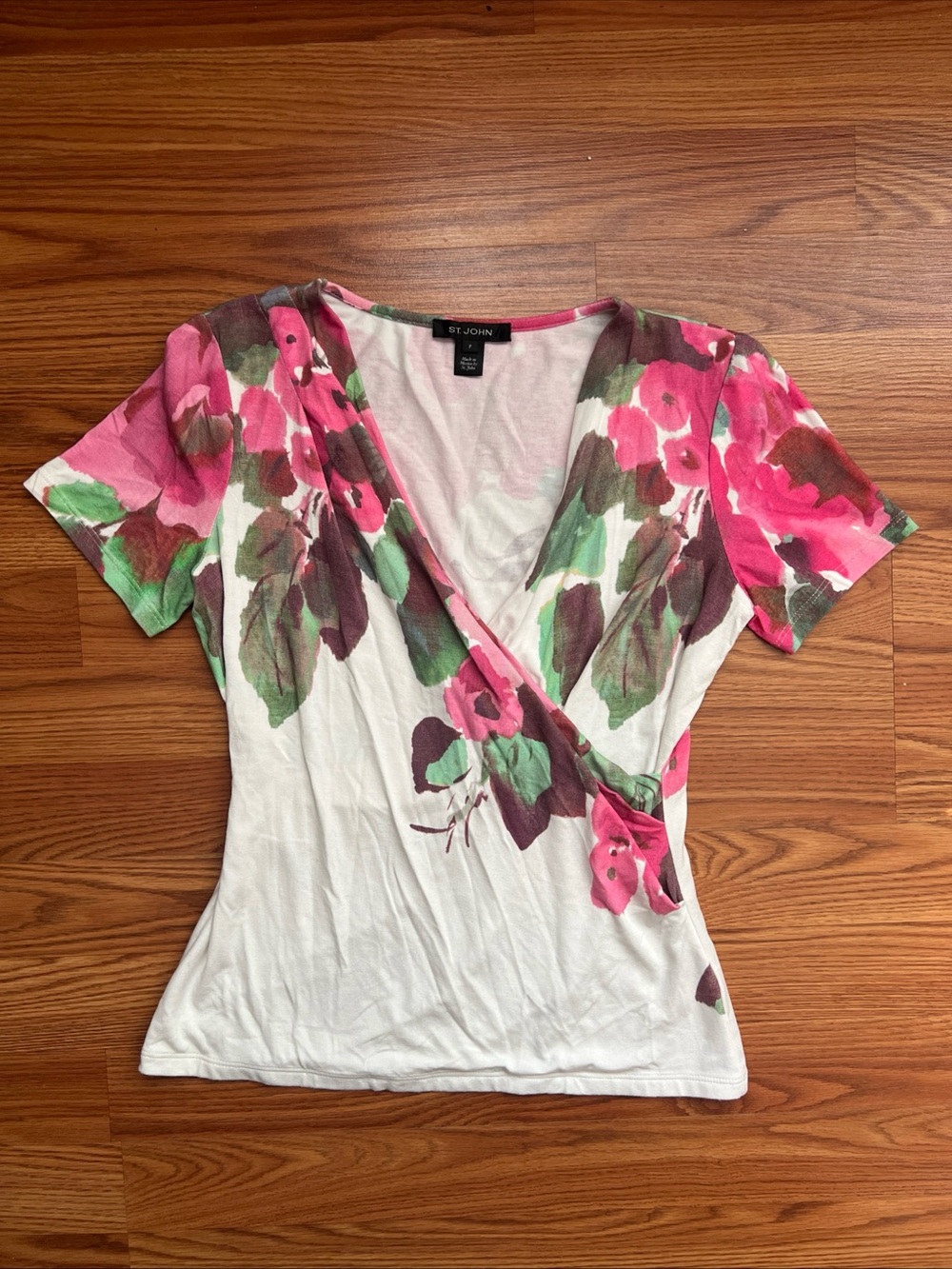 St. John Pink and Green Floral Wrap-Style Short Sleeve Top